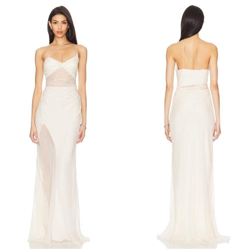 THE SEI Strappy Diaphanous One Shoulder Silk Ruched White Maxi Gown Size 4